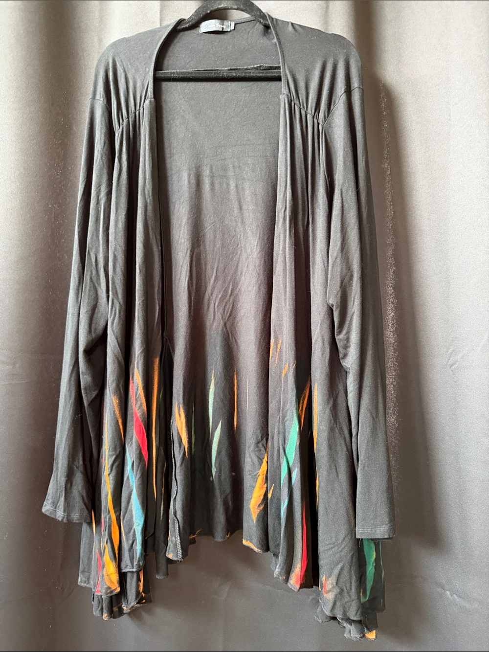 Black Open-Front Cardigan with Multicolor Feather Streaks